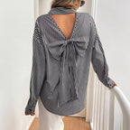 Damen gestreifte Bluse mit tiefer Rückenausschnitt und Schleifen-Detail R&B