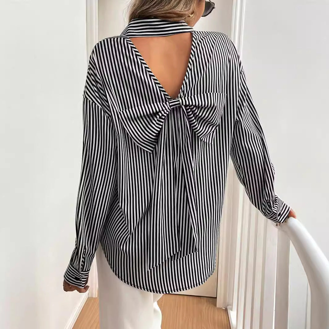 Damen gestreifte Bluse mit tiefer Rückenausschnitt und Schleifen-Detail R&B