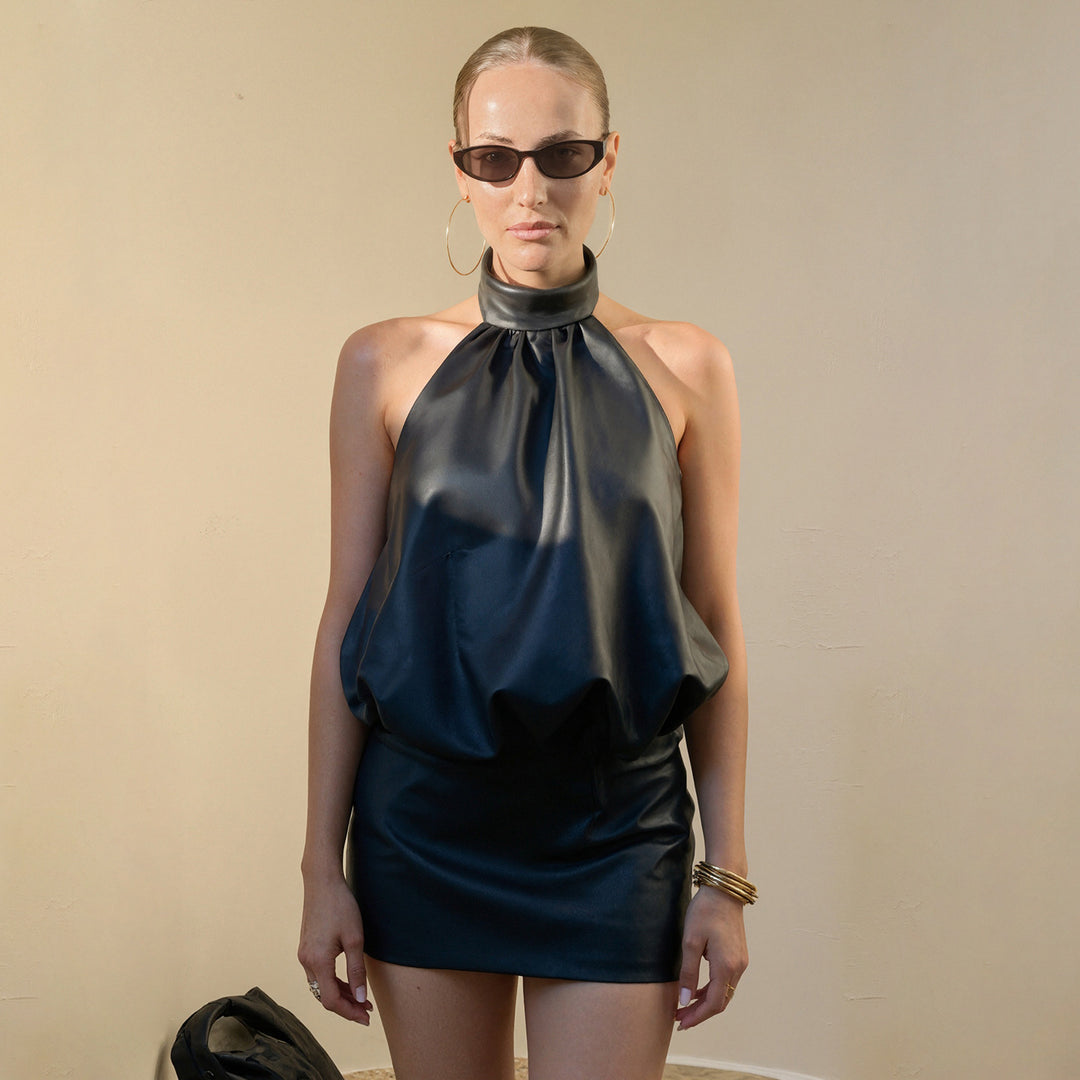 Damen ärmelloses Kunstlederkleid mit modernem Stehkragen R&B