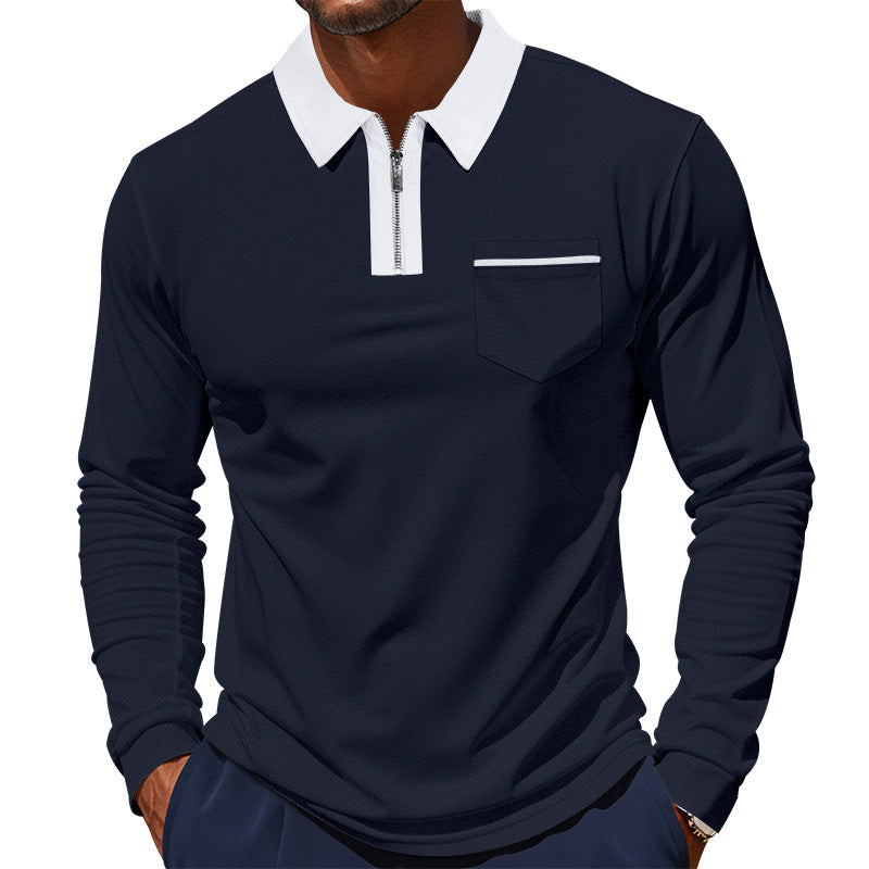 Herren nan langärmeliges Polo mit halbem Reißverschluss, aufgesetzter Brusttasche und feiner Strukturjersey-Qualität R&B