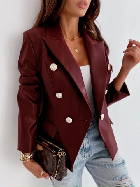 Damen eleganter Kunstleder Blazer mit doppelter Knopfleiste R&B