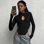 Damen figurbetonter Bodysuit mit asymmetrischem Ausschnitt und langem Arm R&B