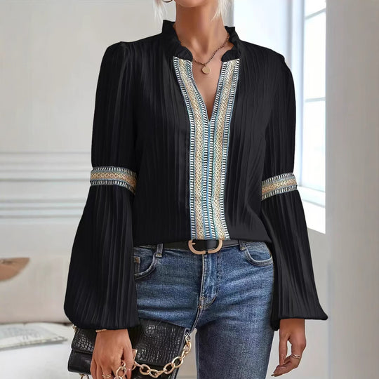 Damen elegante Bluse mit Rüschendetails und Stickereien R&B