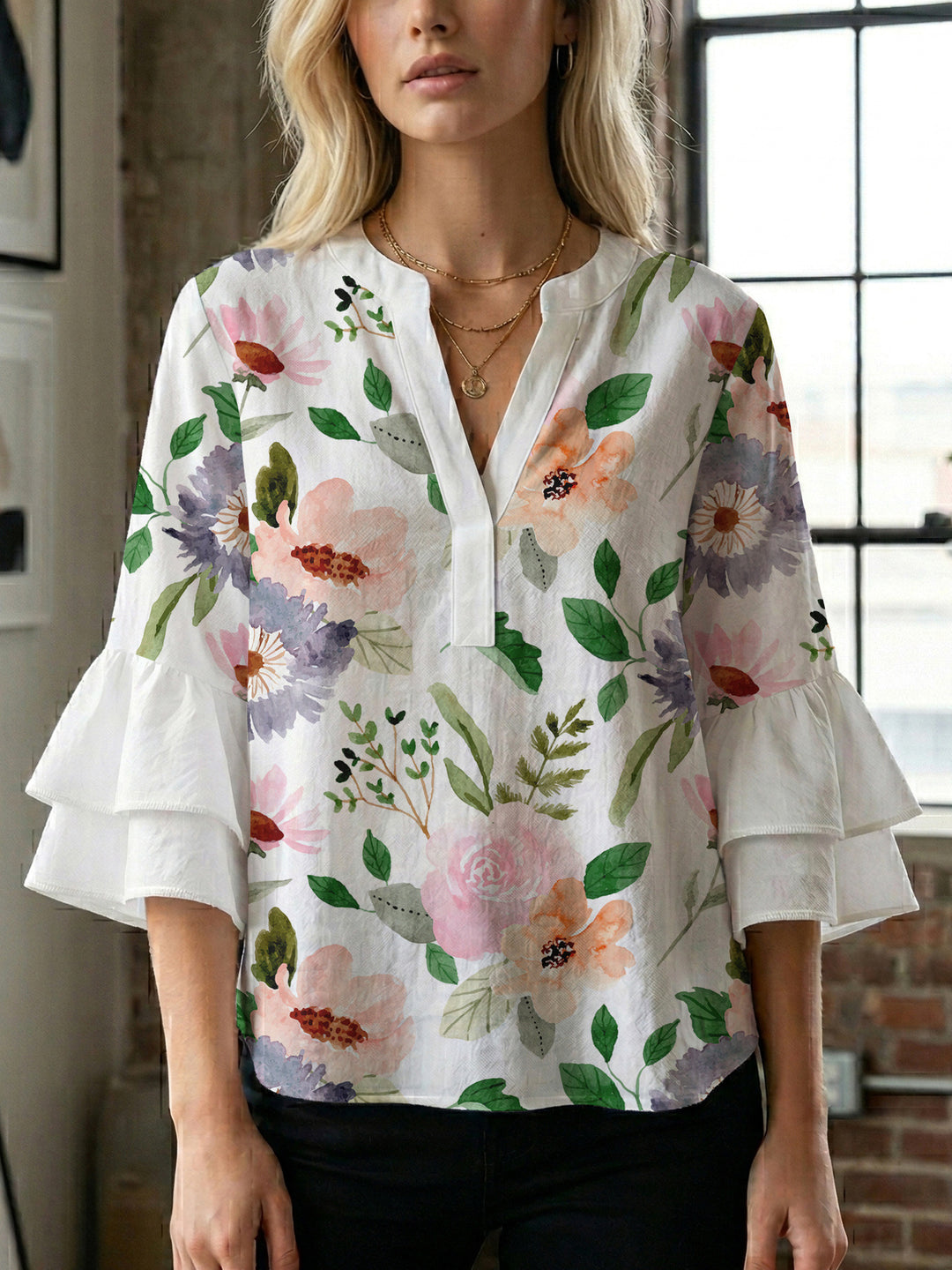 Damen Bluse mit Rüschendetails und auffälligem Animal-Print R&B
