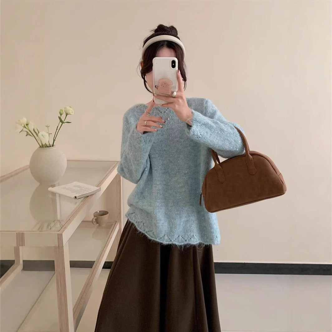 Damen Flauschiger Strickpullover mit glänzenden Akzenten und lockerem Schnitt R&B