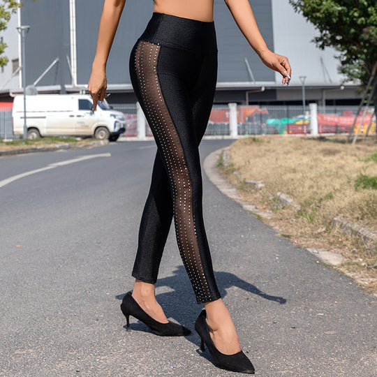 Damen Hochglänzende Leggings mit transparenten Mesh-Einsätzen und Strass-Detail R&B