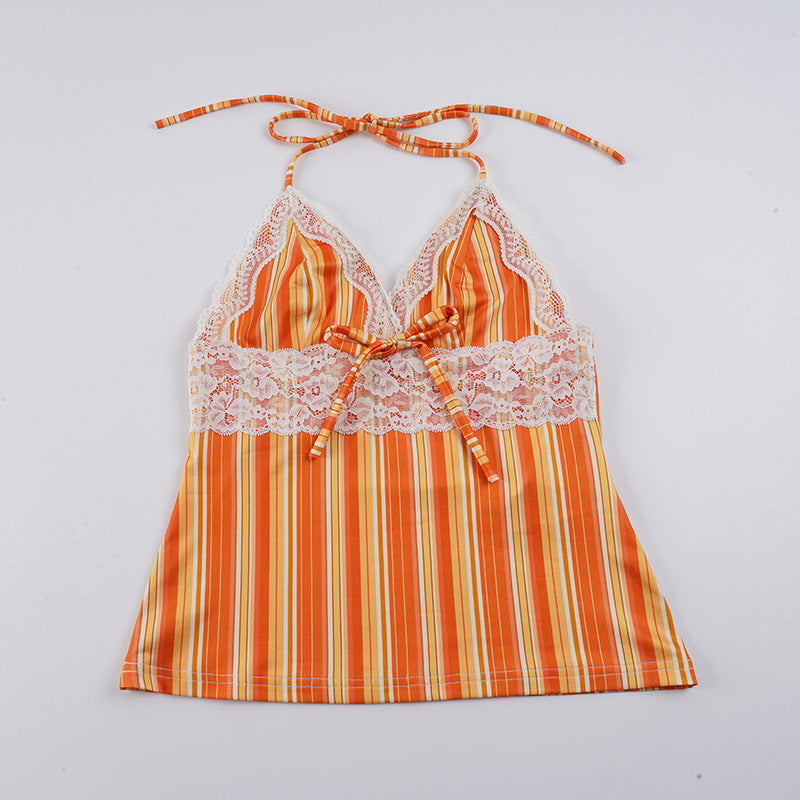 Damen Charmantes Spaghetti-Top mit Spitzenakzenten und Streifenmuster R&B