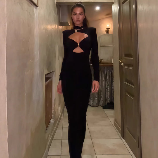Damen Elegantes Maxikleid mit hochgeschlossenem Dekolleté und raffinierten Cut-Outs R&B