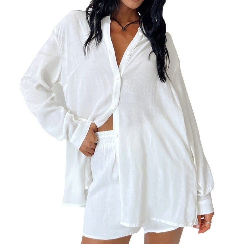 Damen Loungewear-Set mit lässiger Button-Up Bluse und komfortablen Shorts R&B