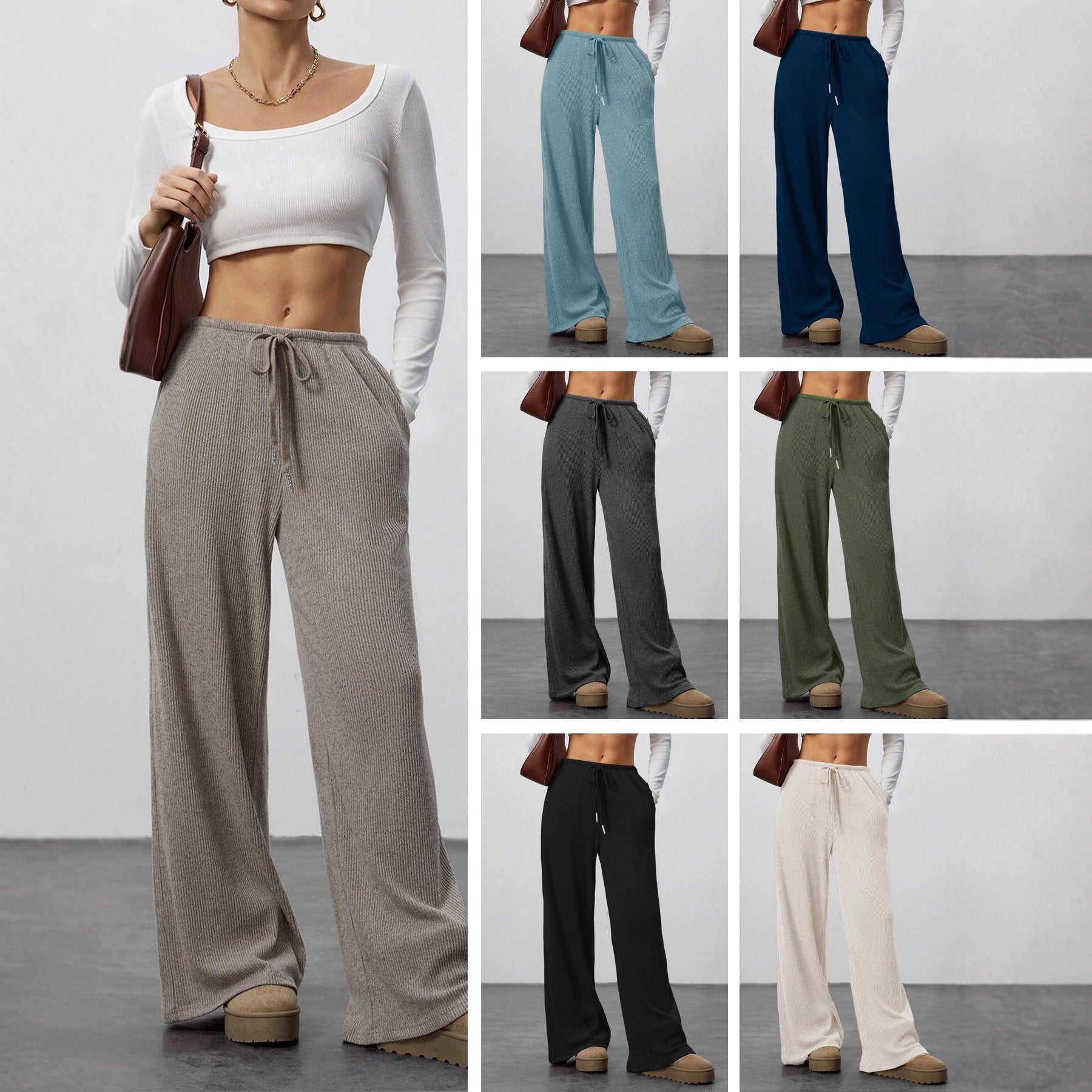 Damen Weit geschnittene Relax-Hose aus elastischem Strickmaterial mit Kordelzug R&B