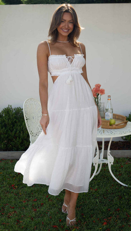 Damen luftiges Maxikleid mit Rüschendetails und verstellbarem Taillenband R&B