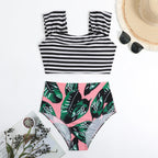 Damen Hochgeschnittener Bikini mit modischem Streifenmuster und floralem Unterteil R&B