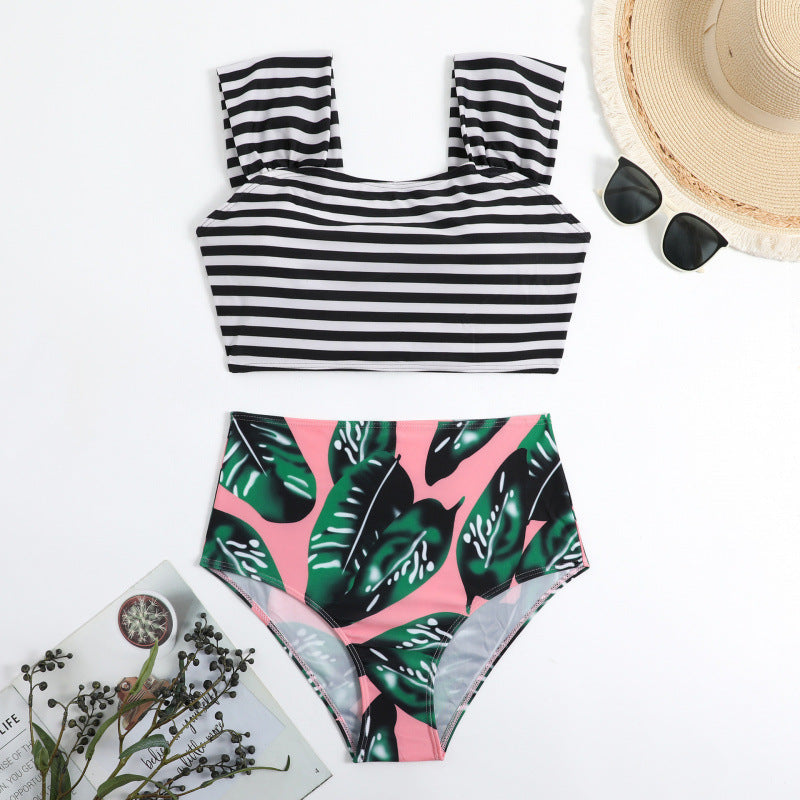 Damen Hochgeschnittener Bikini mit modischem Streifenmuster und floralem Unterteil R&B