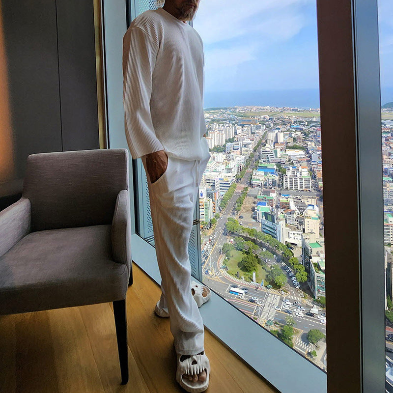 Herren Lässiges Ripp-Strick-Set mit 3/4 Ärmeln und Bequemen Hosen