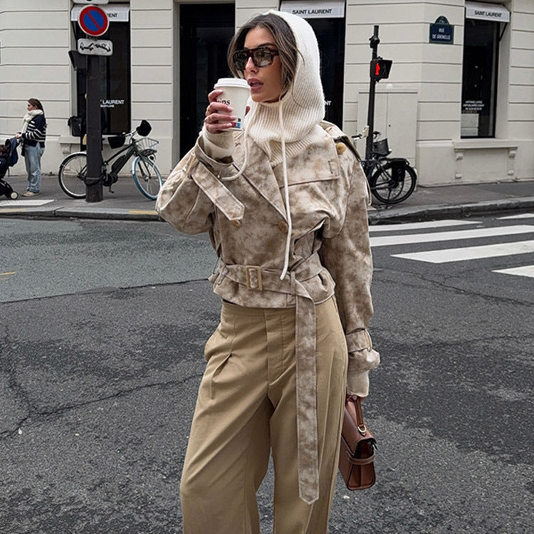 Damen modische Trenchcoat-Jacke mit Gürtel und Kapuze R&B
