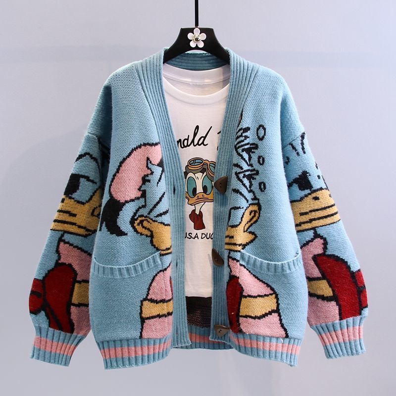 Damen Cartoon-Design Strickjacke mit breiten Ärmeln und Taschen R&B
