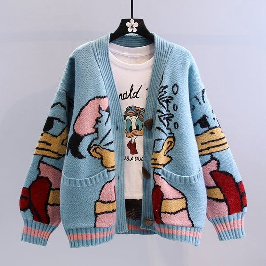 Damen Cartoon-Design Strickjacke mit breiten Ärmeln und Taschen R&B
