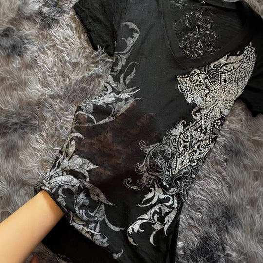 Damen Elegantes V-Ausschnitt T-Shirt mit kunstvollem Design R&B