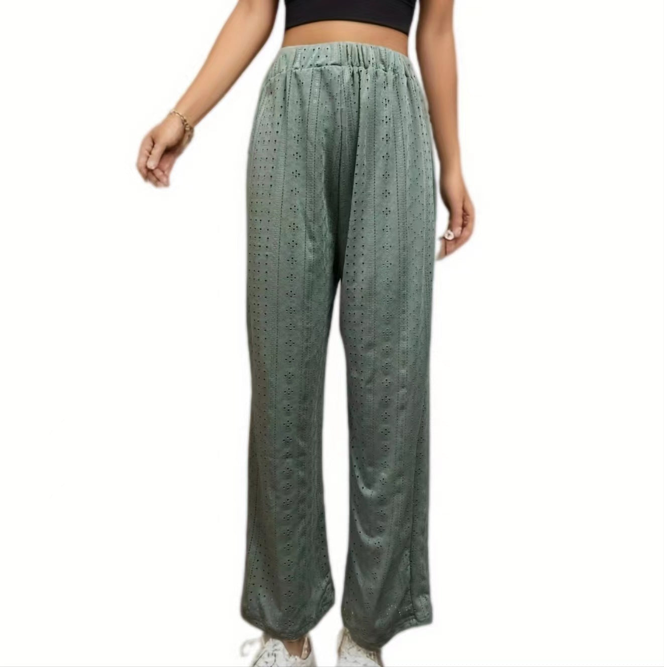 Damen weite Sommerhose mit feinen Lochmuster und elastischem Bund R&B