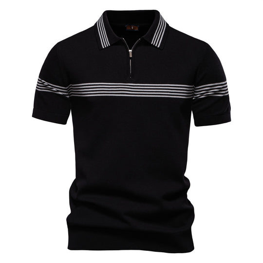 Herren nan edles Feinstrick-Poloshirt mit kurzem Metallreißverschluss, Bündchenärmeln und kontrastierten Streifenbändern R&B