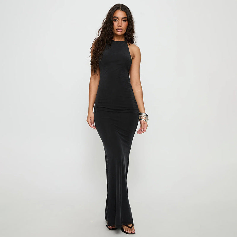 Damen elegantes Maxikleid mit haltem Ausschnitt und figurbetontem Schnitt R&B