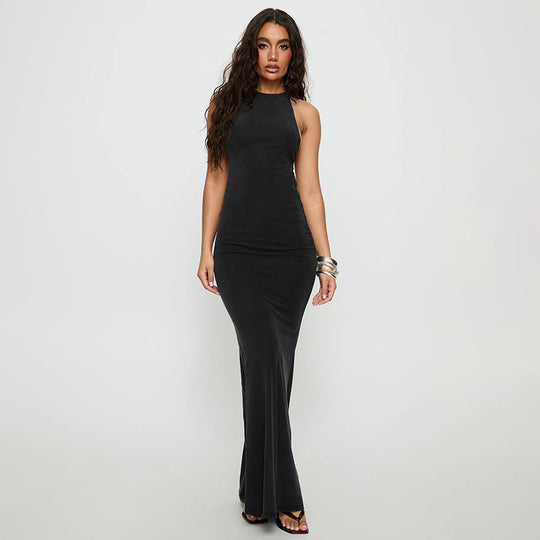 Damen elegantes Maxikleid mit haltem Ausschnitt und figurbetontem Schnitt R&B