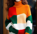 Damen Grobstrickpullover mit hohem Kragen und buntem Farbblockdesign R&B