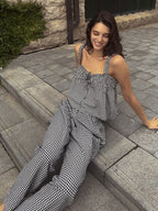 Damen Fließendes Sommer-Jumpsuit mit Karomuster und verstellbaren Trägern R&B