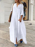 R&B | Einreiher Baumwoll-Leinen Plus Size Langkleid