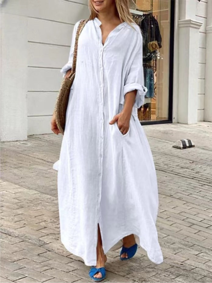 R&B | Einreiher Baumwoll-Leinen Plus Size Langkleid