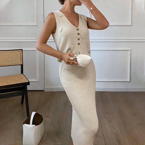 Damen 2-Teiliges Strickset mit modischen Knopfdetails und floralem Design R&B