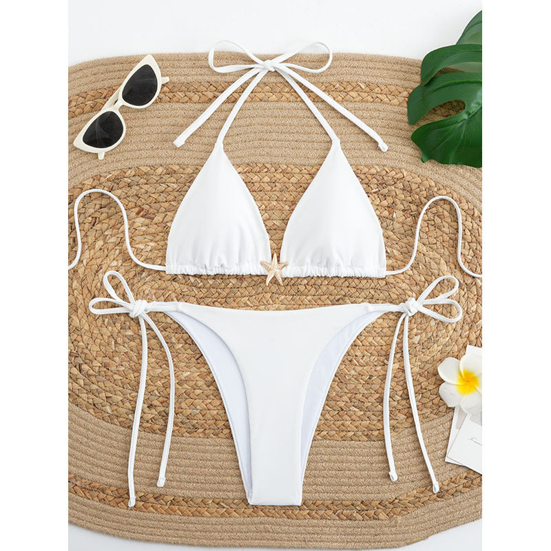 Damen Triangel-Bikini mit verstellbaren Bindändern und zierlichen Muscheldetails