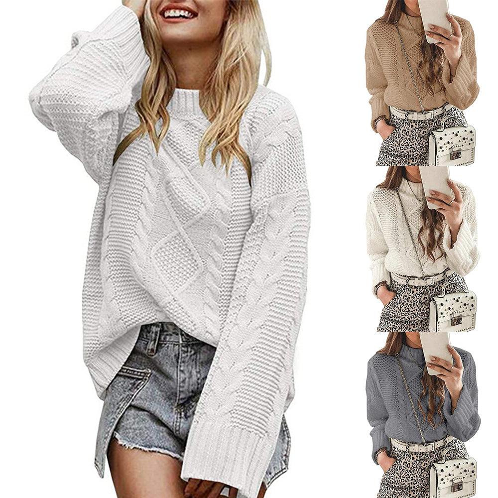 Damen modischer Strickpullover mit eleganten Zopfmustern und leichtem Rollkragen R&B