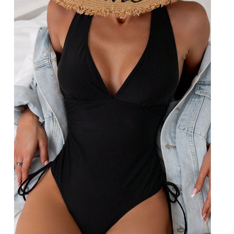 Damen Eleganter V-Ausschnitt Badeanzug mit seitlichen BindR&Bändern R&B