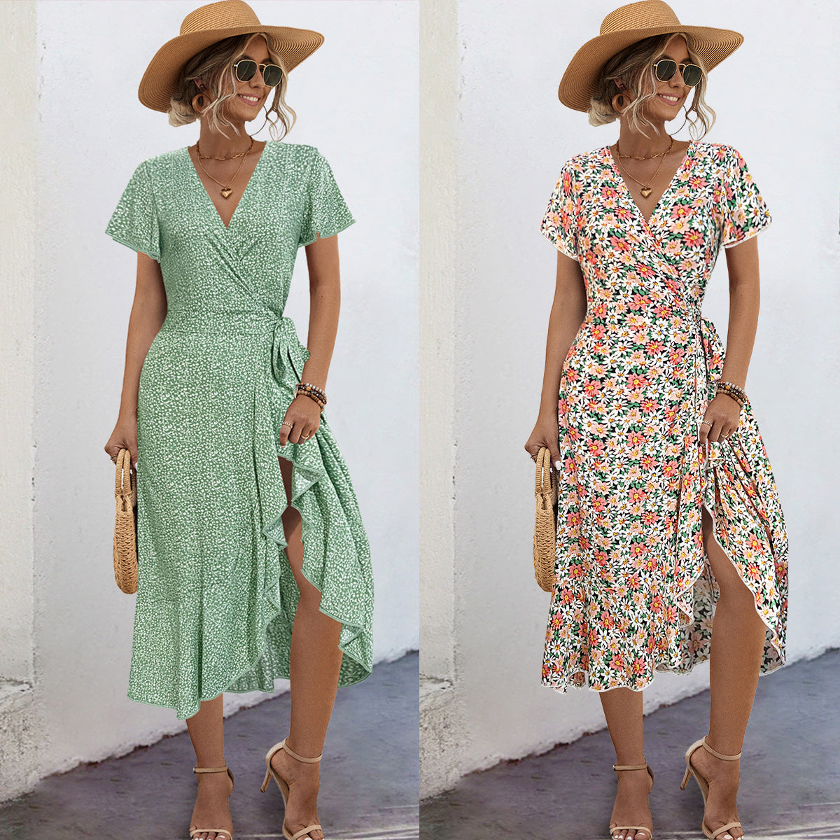 Damen Wickelkleid mit floralen Akzenten und seitlichem Schlitz R&B
