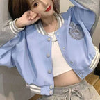 Damen lässige Collegejacke mit gesticktem Logo und kontrastierenden Ärmeln