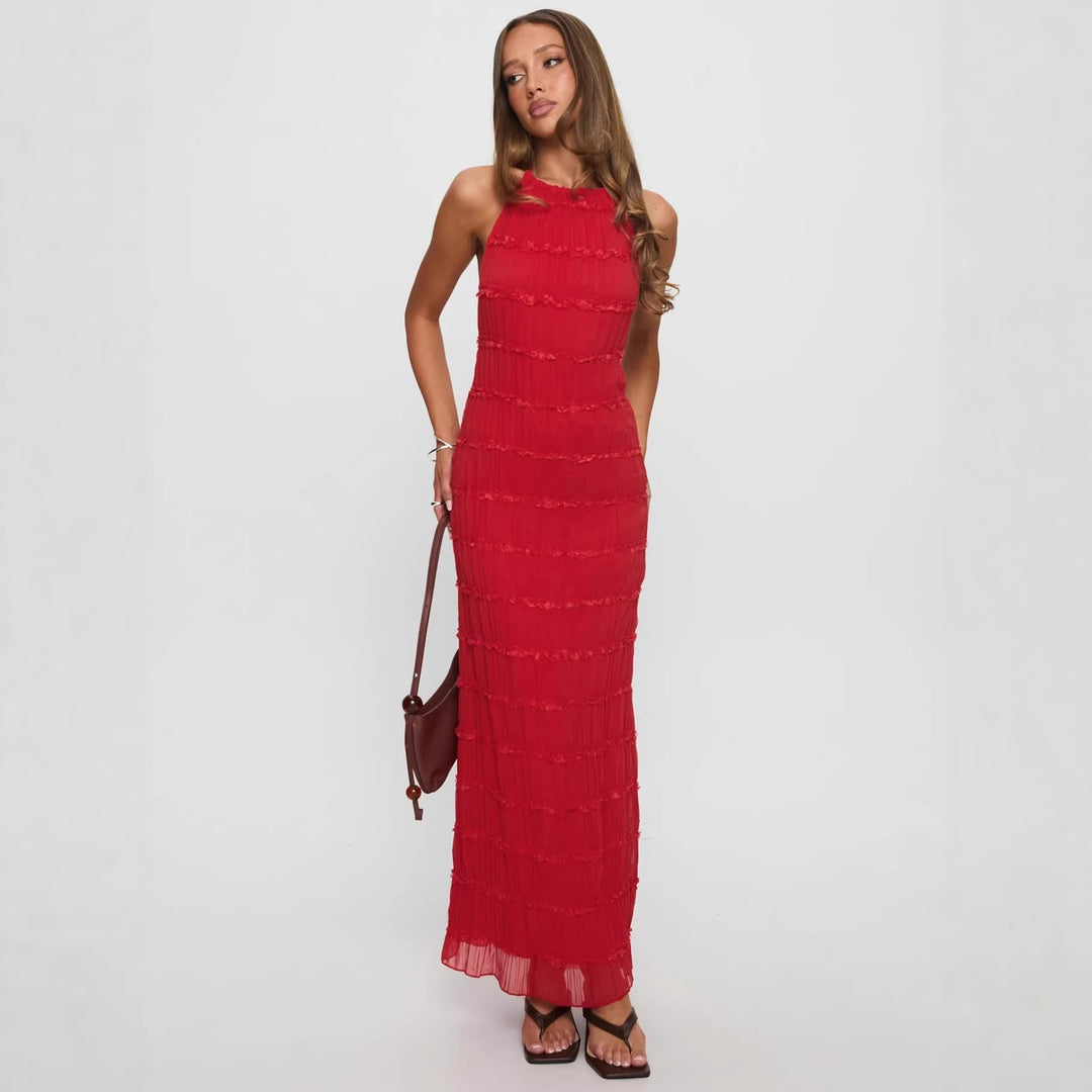 Damen Maxikleid mit schulterfreiem Design und fließenden Rüschen R&B