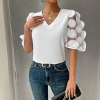 Damen V-Ausschnitt Bluse mit transparenten Rüschensäumen R&B