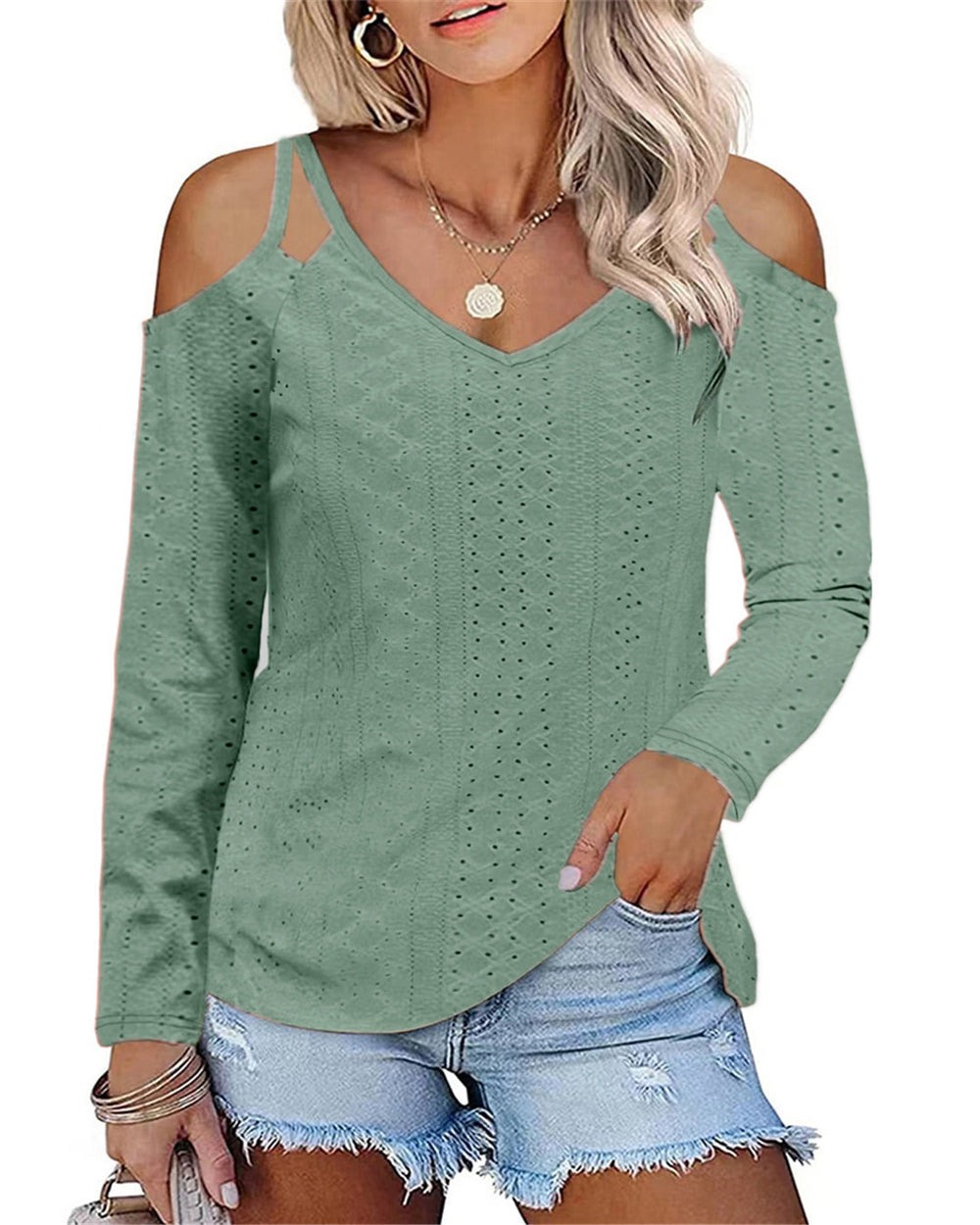 Damen Boho V-Ausschnitt Oberteil mit Off-Shoulder-Ärmeln und feinem Strukturdesign R&B