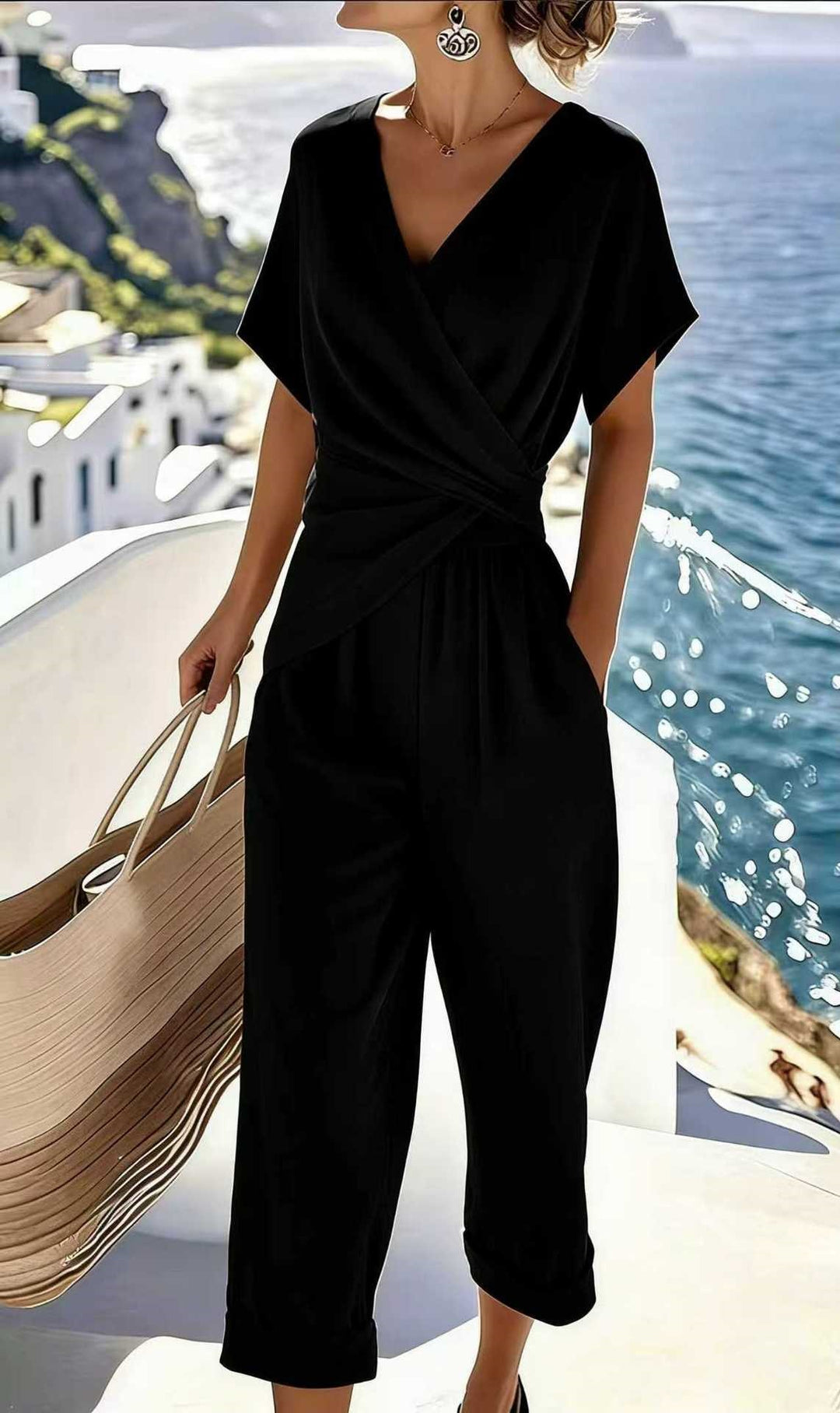 Damen Eleganter Jumpsuit mit Wickeloptik und breiten Beinen R&B