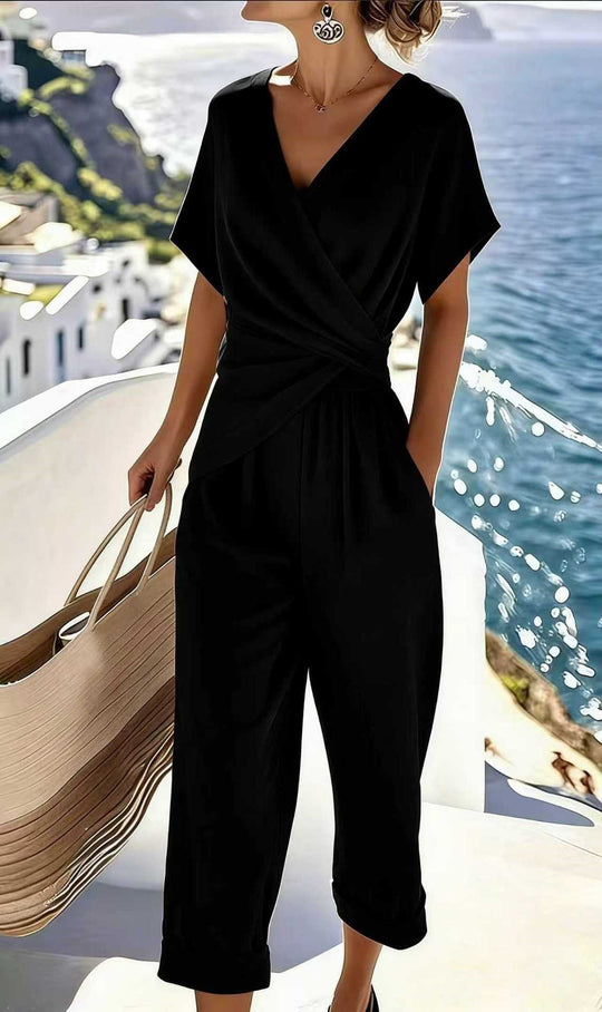 Damen Eleganter Jumpsuit mit Wickeloptik und breiten Beinen R&B