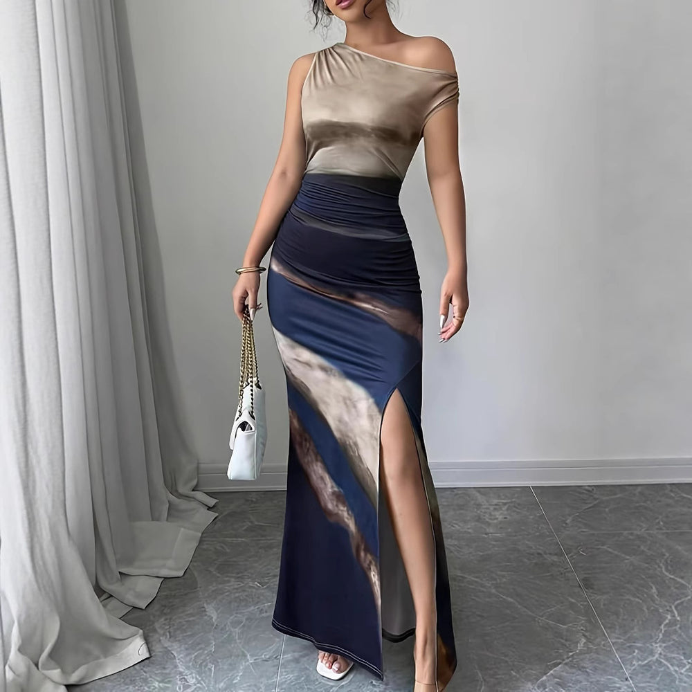 Damen Elegantes Maxikleid mit asymmetrischem Ausschnitt und seitlichem Schlitz R&B