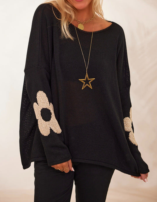 Damen grob gestrickter Pullover mit floralem Design und weitem Schnitt R&B