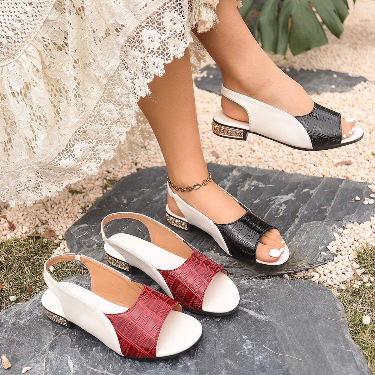 Damen Slingback Sandalen mit modischem Croco-Design und eleganter Absatzdekor