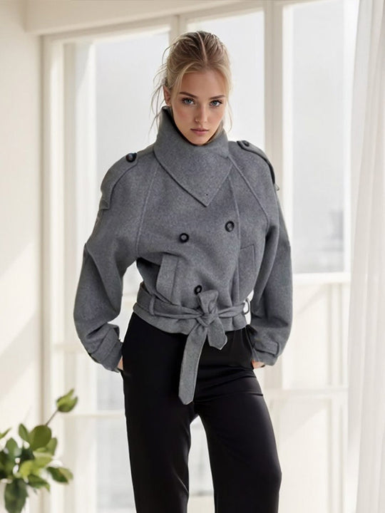 Damen modische Oversized-Wolljacke mit hohem Kragen und Gürtel R&B