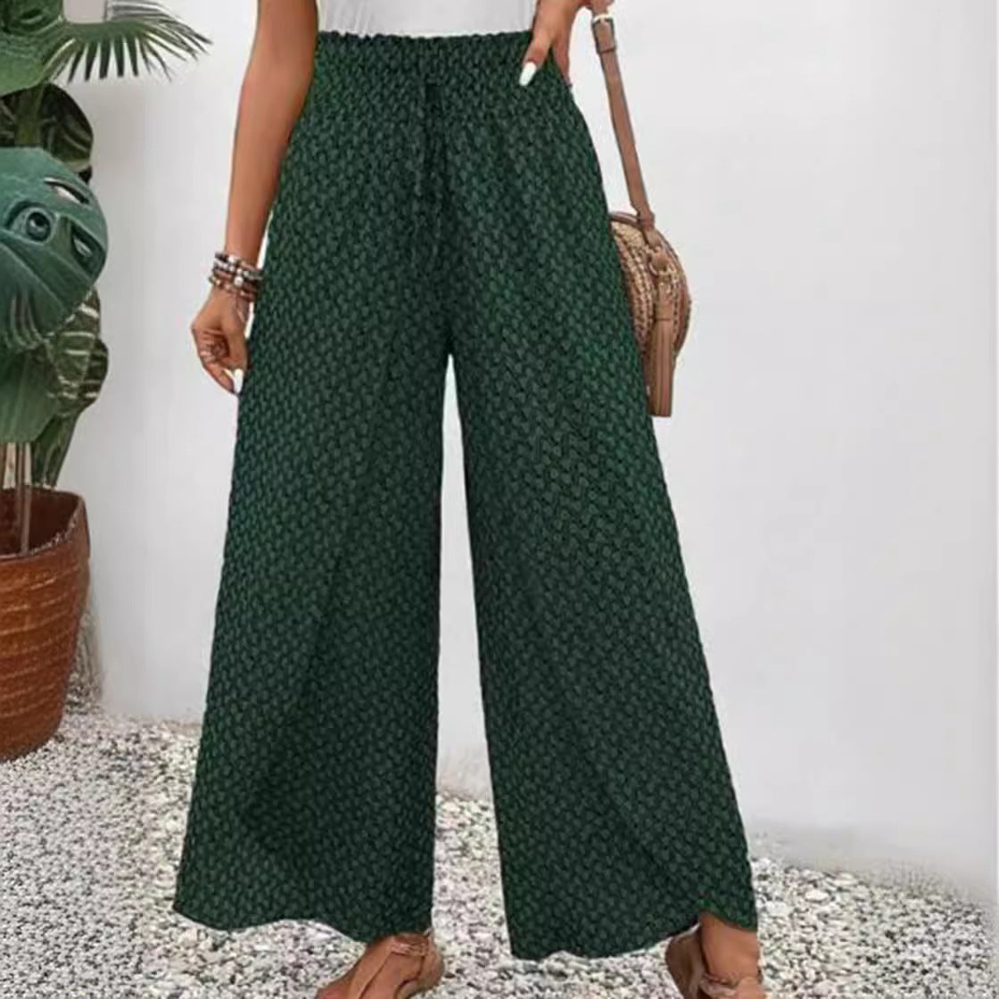Damen nan weite Sommer-Palazzohose mit gerafftem Komfortbund, fließender Beinweite und geometrischem Allovermuster R&B