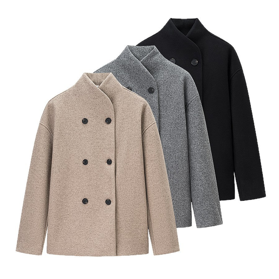 Damen Oversized Wolljacke mit doppelter Knopfleiste und modernem Stehkragen R&B