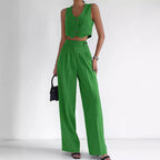 Damen Modisches Zweiteiler-Set aus ärmellosem Cropped Top und weiter Hose