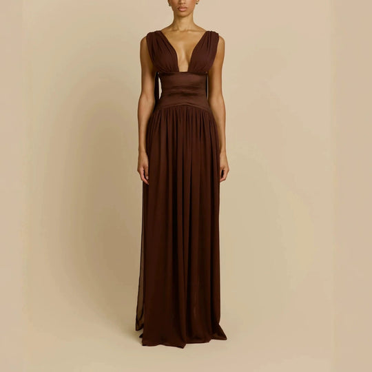 Damen Elegantes Langarm-Maxikleid mit tiefem V-Ausschnitt R&B