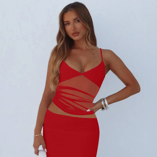 Damen Spaghetti-Träger Blusenoberteil mit transparenter Drapierung R&B